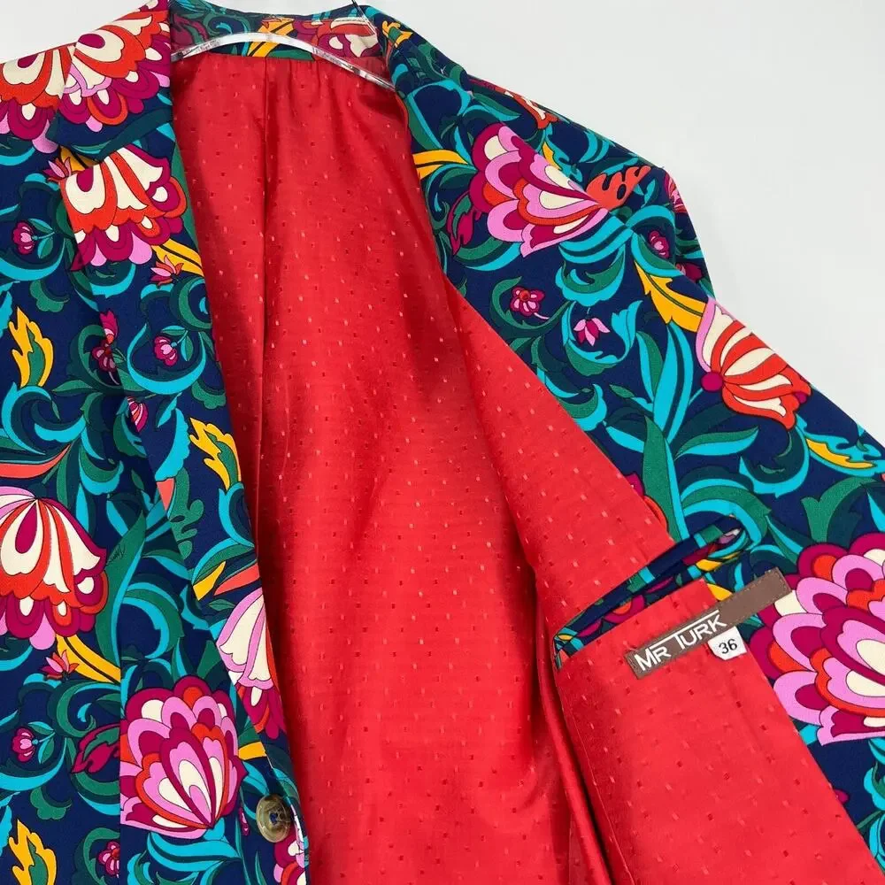 Mr Turk Blazer Mens 36‎ Blue Floral Colorful Tropical Retro Jacket Sportcoat